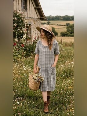 Vintage 90s Plaid Linen Midi Shift Dress Cottagecore Prairie Rustic L